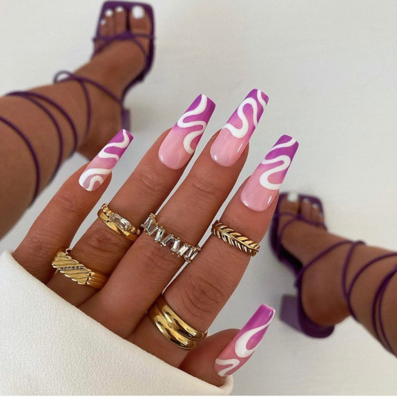 31 Cute September Nail Ideas — Ombre Purple Tip Nails with White Swirl