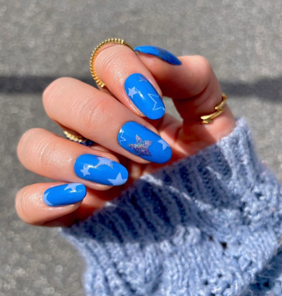 43 Late Summer Nails — Silver Star Blue Nails