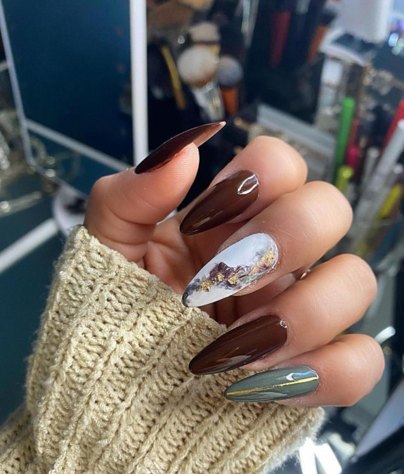 autumn nails 2022, autumn gel nails 2022, fall nails 2022, fall nail colors, cute fall nails, fall nails 2021 short, gradient color fall nails, brown nail, fall nails with designs, swirl nails, french tip fall nails