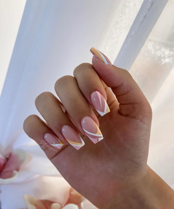 43 Late Summer Nails — White and Yellow V-Shape Tip Nails