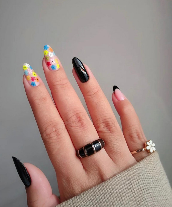 43 Late Summer Nails — Colorful Flower + Black Almond Nails