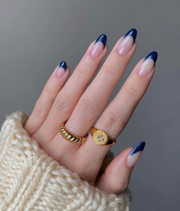 77 Trendiest Fall Nails To Compliment Your Fall Outfits — Dark Blue French Tip Nails