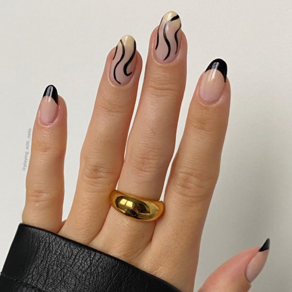 77 Trendiest Fall Nails To Compliment Your Fall Outfits — Black Swirl + French Tip Nails