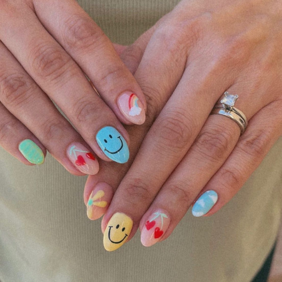 43 Late Summer Nails — Smiley Face, Cherry and Rainbow Nails