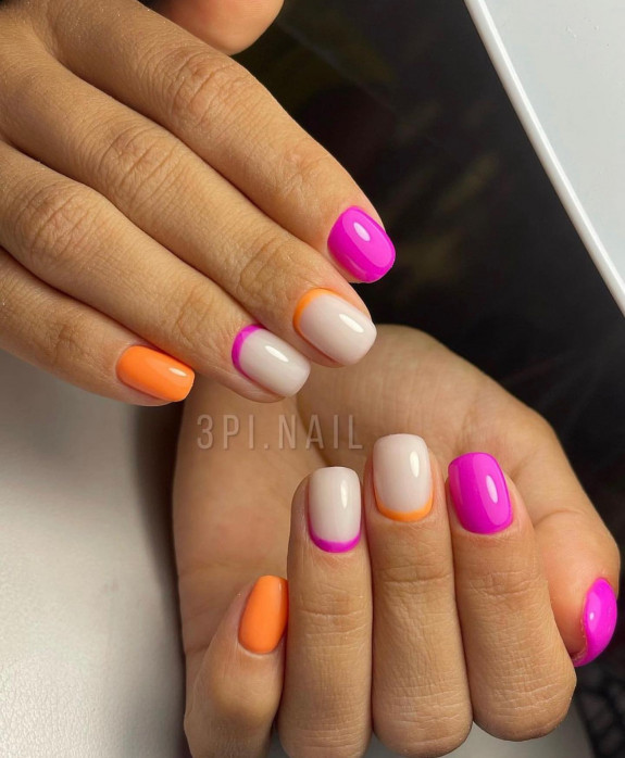 43 Late Summer Nails — Pink and Orange French + Cuff Nails