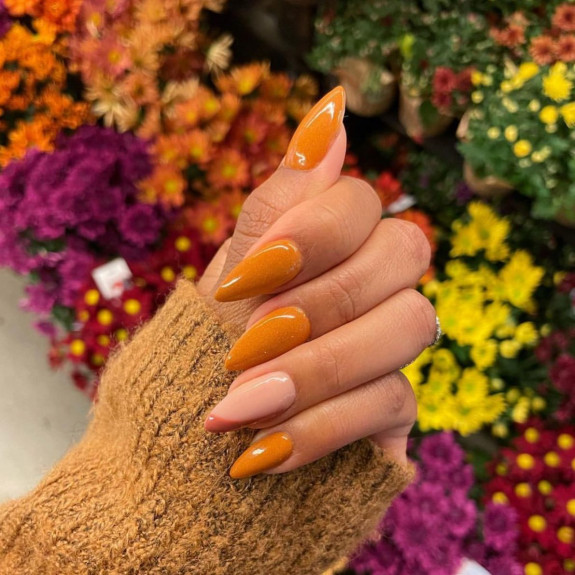 77 Trendiest Fall Nails To Compliment Your Fall Outfits — Pumpkin Colored Almond Fall Nails