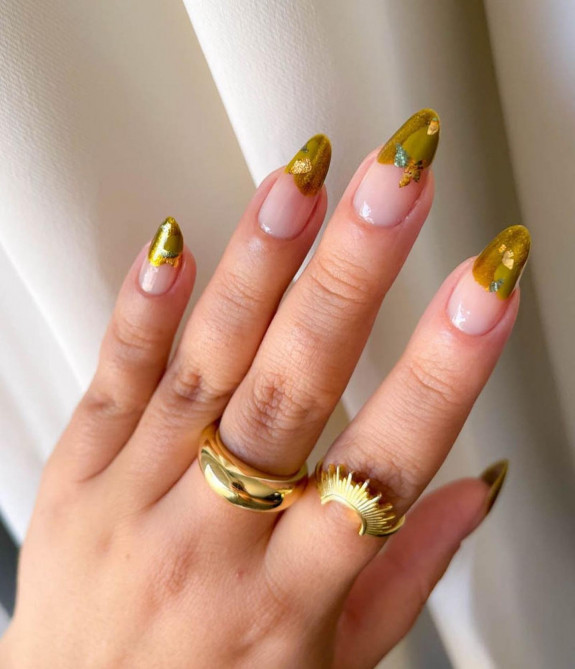 77 Trendiest Fall Nails To Compliment Your Fall Outfits — Chrome Tip Nails with Gold Foil