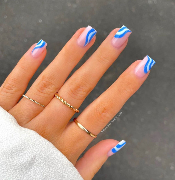 43 Late Summer Nails — Blue Abstract French Tip Nails