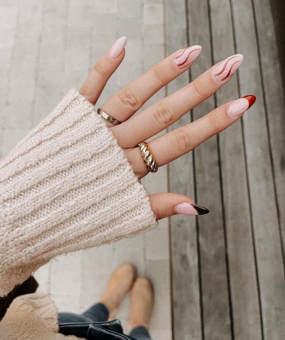 77 Trendiest Fall Nails To Compliment Your Fall Outfits — Red Swirl Sheer Fall Nails