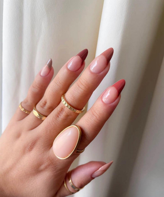 77 Trendiest Fall Nails To Compliment Your Fall Outfits — Fall Colored French Tip Almond Nails