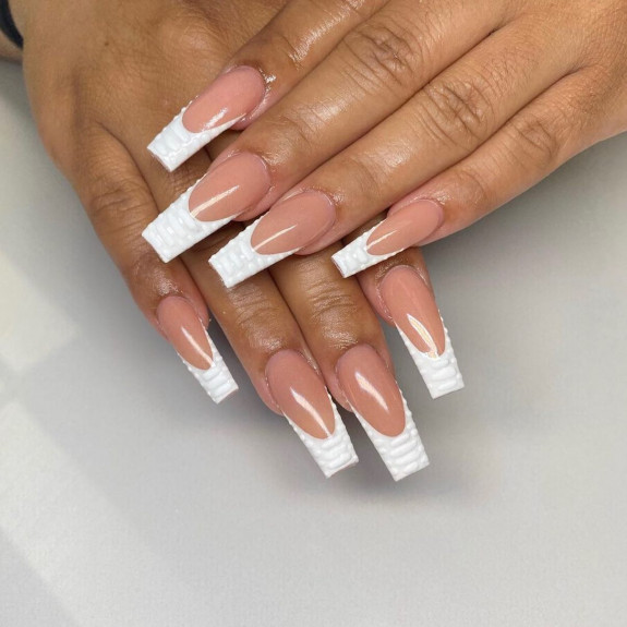 50 Cute French Tip Nails To Try in 2022 — White Croc Skin Print French Tip Nails