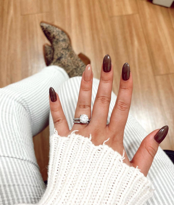 77 Trendiest Fall Nails To Compliment Your Fall Outfits — Chocolate Brown and Nude Nails