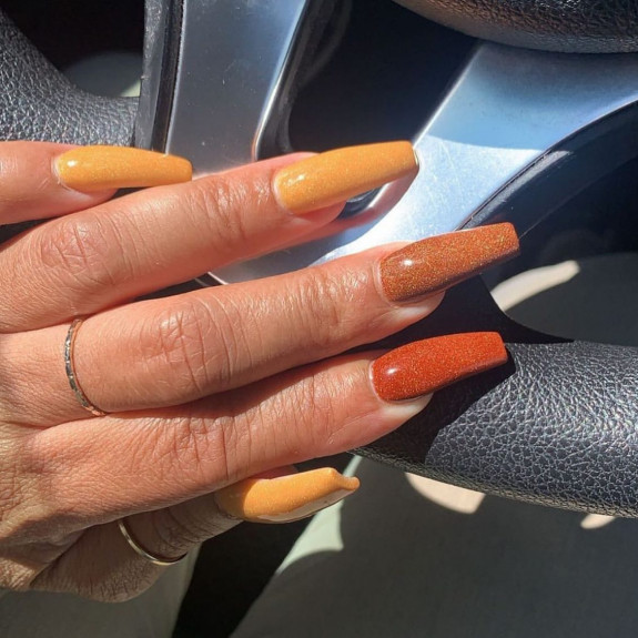 77 Trendiest Fall Nails To Compliment Your Fall Outfits — Shimmery Pumpkin and Orange Nails