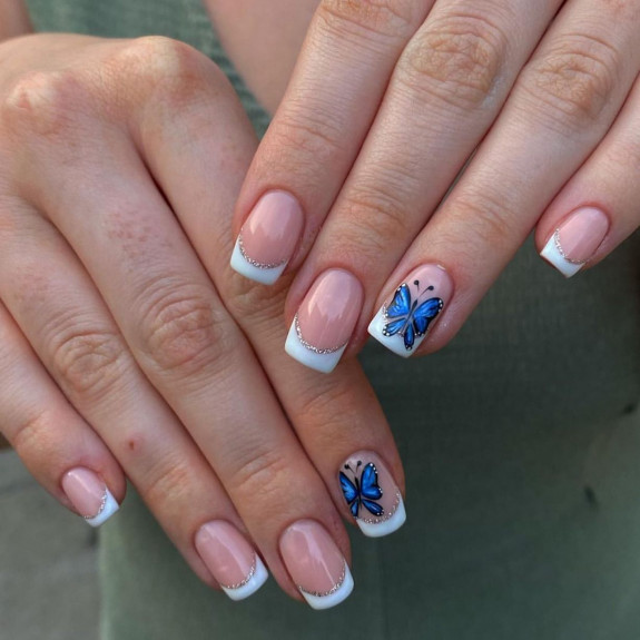 35 Cute and Simple Nail Designs 2022 — White French Tip Nails with Blue Butterfly