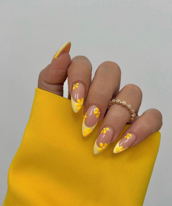 50 Cute French Tip Nails To Try in 2022 — Pale Yellow French Tip Nails with Flower