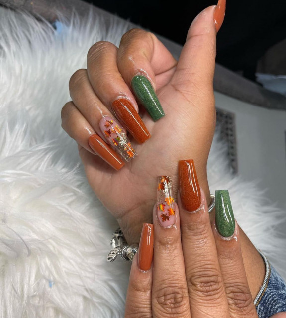 77 Trendiest Fall Nails To Compliment Your Fall Outfits — Fall Leaf, Brown and Green Acrylic Nails