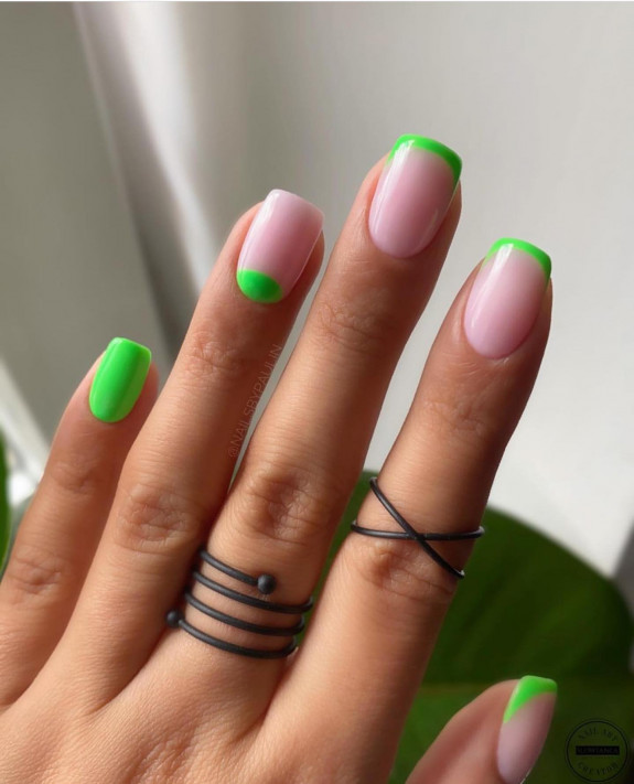 35 Cute and Simple Nail Designs 2022 — Bright Green Cuff + French Tip Nails