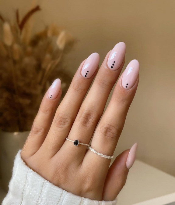 35 Cute and Simple Nail Designs 2022 — Nude Pink with Black Dot Nails