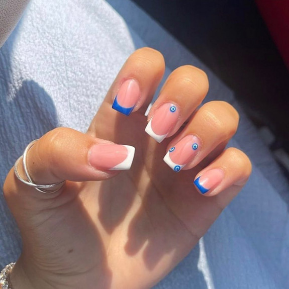 50 Cute French Tip Nails To Try in 2022 — Blue and White French Tip Nails + Evil Eyes