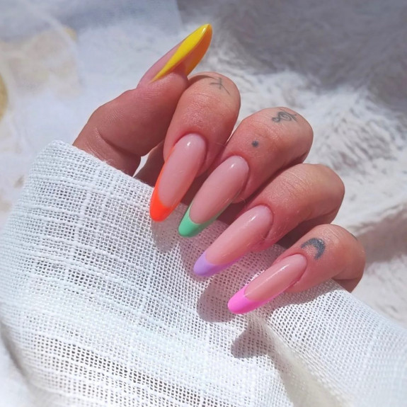 50 Cute French Tip Nails To Try in 2022 — Skittle Colored French Tip Almond Nails