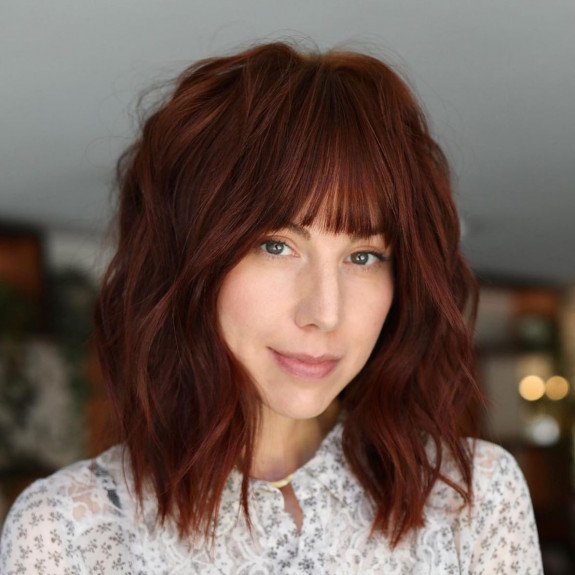 45 Flattering Long Bob Haircuts — Dark Brown Lob Haircut with Fringe