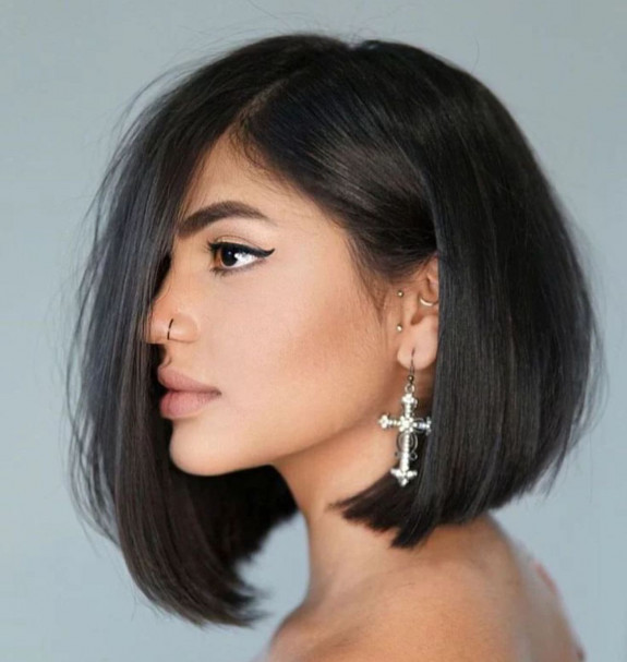 45 Flattering Long Bob Haircuts — Dark Hair Angled Lob Haircut