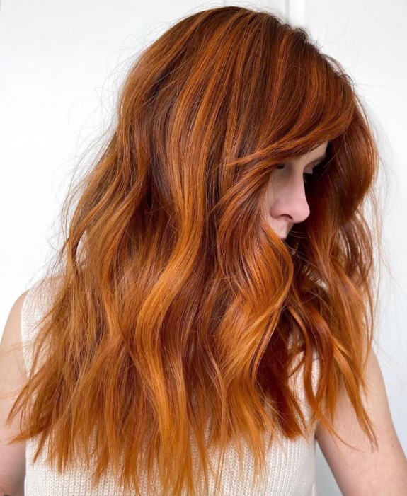 29 Orange Hair Color Ideas — Loose Wave Orange Medium Length