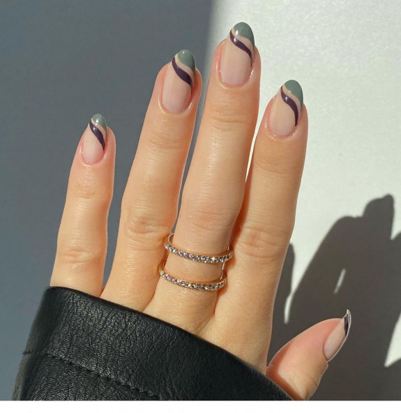 40 Nail Designs For Fall 2022 — Green and Purple Swirl Tip Nails