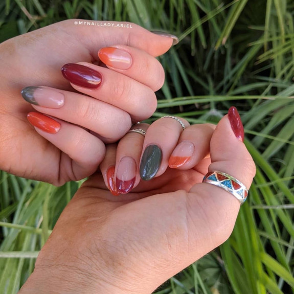 brown french tip nails, fall nail designs, fall nails 2022, autumn nail designs, fall nail colors, fall nail art, fall nail ideas, autumn nail ideas, autumn nails 2022, tortoiseshell nails, burgundy nails, thanksgiving nails, october nails, september nails, french tip nails, fall french tip nails