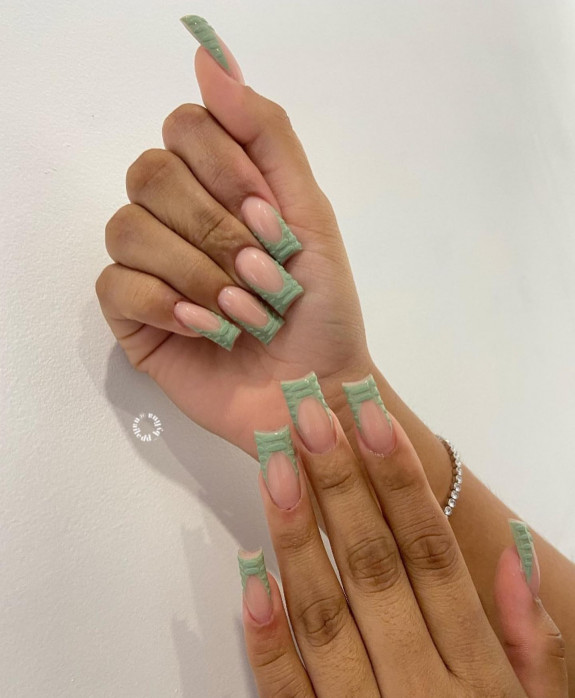 40 Nail Designs For Fall 2022 — Soft Green Croc Print French Tip Nails