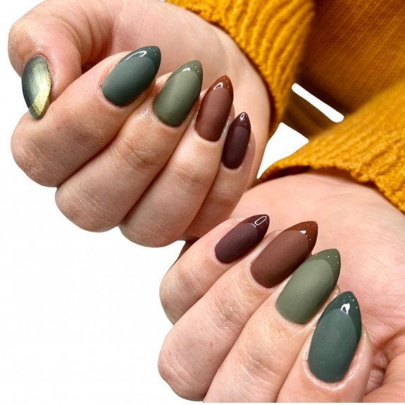 40 Nail Designs For Fall 2022 — Green & Brown French Tip Nails