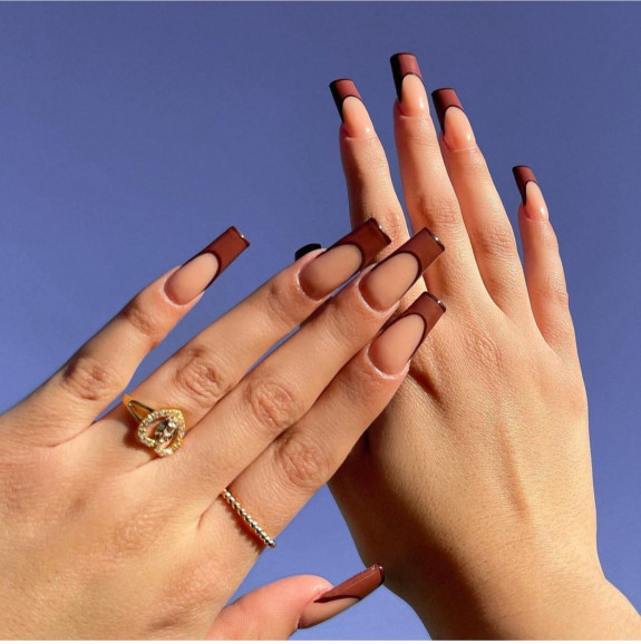 40 Nail Designs For Fall 2022 — Brown French Acrylic Nails