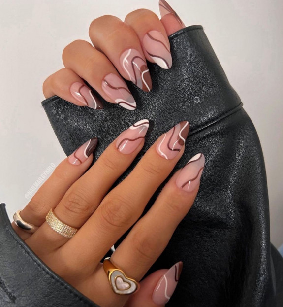 40 Nail Designs For Fall 2022 — Brown Swirl Sheer Stiletto Nails