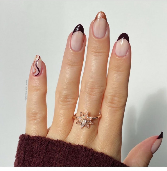 brown french tip nails, fall nail designs, fall nails 2022, autumn nail designs, fall nail colors, fall nail art, fall nail ideas, autumn nail ideas, autumn nails 2022, tortoiseshell nails, burgundy nails, thanksgiving nails, october nails, september nails, french tip nails, fall french tip nails