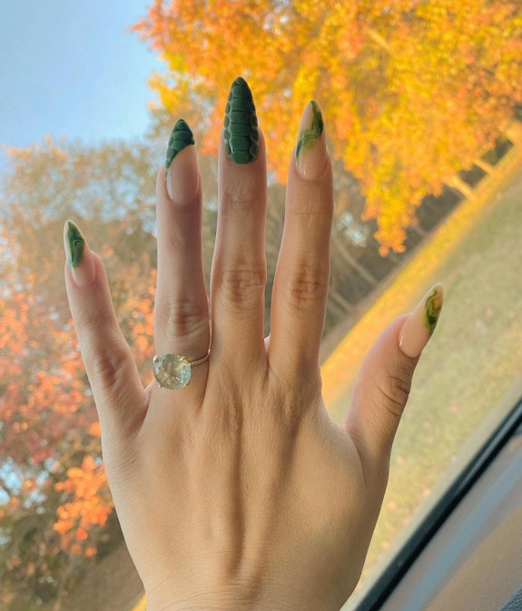 40 Nail Designs For Fall 2022 — Green Croc + Marble Stiletto Nails