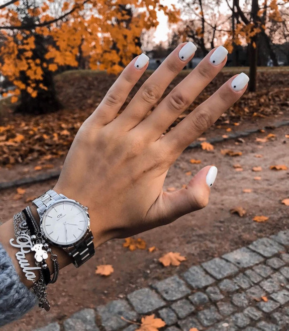 40 Nail Designs For Fall 2022 — White Nails with Black Dot