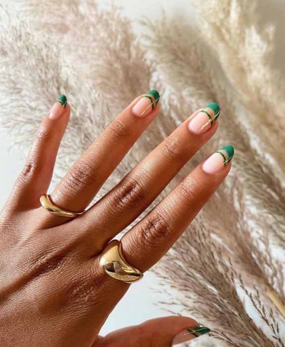 40 Nail Designs For Fall 2022 — Green Double French Tip Nails