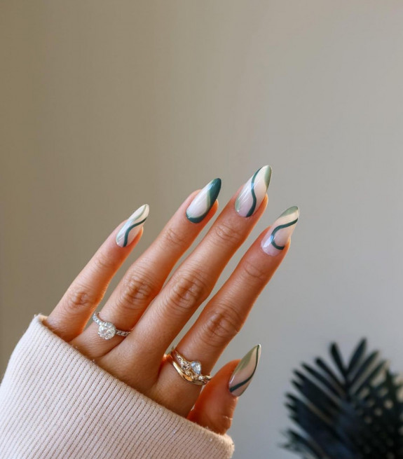 40 Nail Designs For Fall 2022 — Swirl Green Sheer Almond Nails