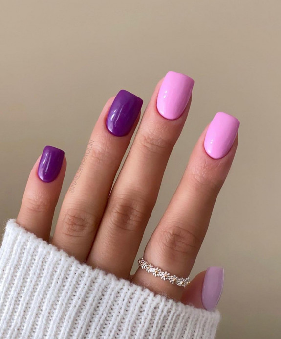 33 Purple Nail Designs — Pink and Purple Square Short Nails