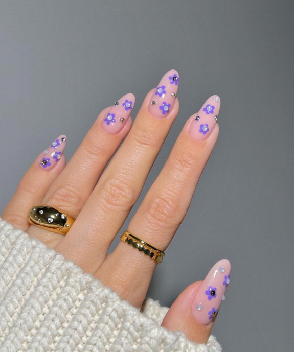 33 Purple Nail Designs — Purple Flower Sheer Nails