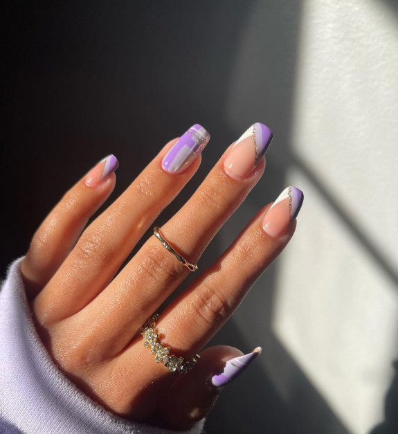 33 Purple Nail Designs — Lavender Plaid Tapered Square Nails