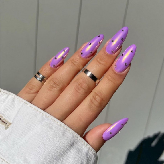 33 Purple Nail Designs — Purple Chrome Nails with Rhinestones