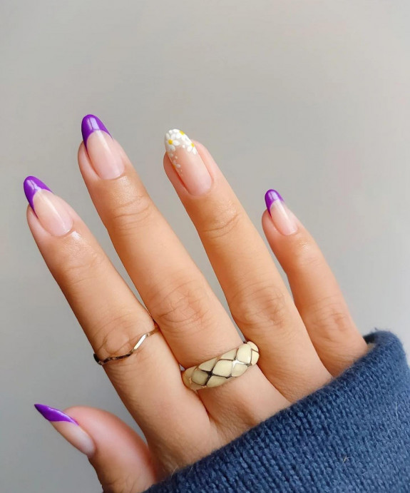 33 Purple Nail Designs — Purple & Daisy French Tip Nails