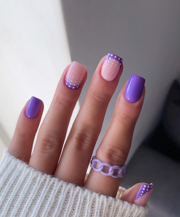 33 Purple Nail Designs — Dotty Soft Purple & White Nails