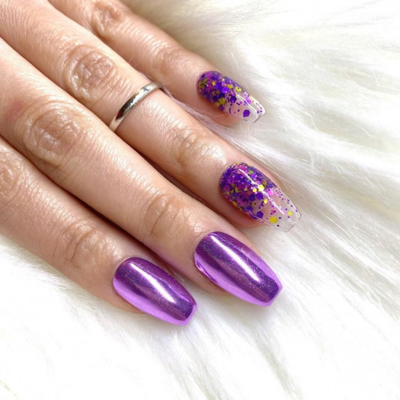 33 Purple Nail Designs — Purple Chrome and Clear Glittery Nails