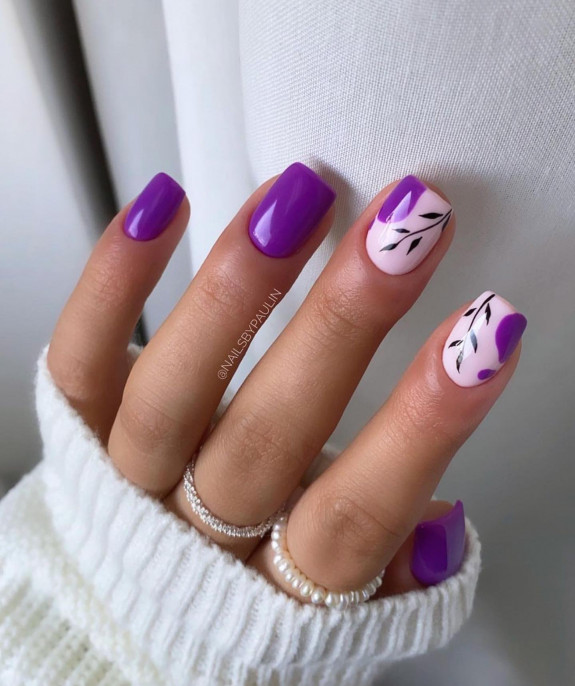 33 Purple Nail Designs — Purple Fall Nails with Leaves