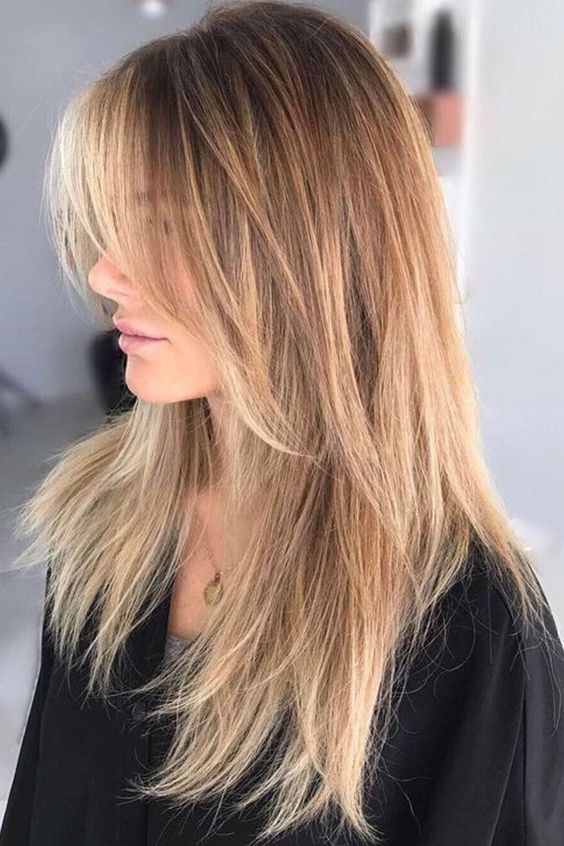 40 The Trendiest Haircuts with Curtain Bangs — Ombre Blonde Layers