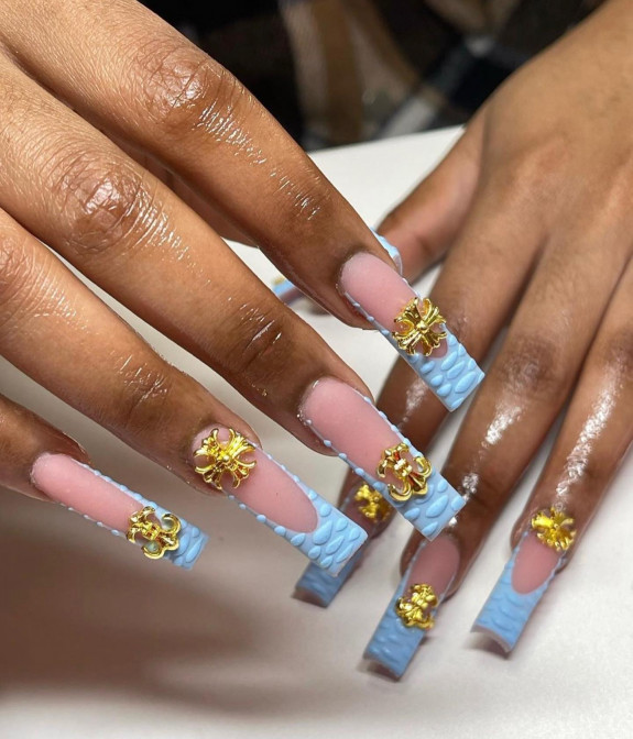 31 Best Crocodile Nail Designs — Gold Crossed + Croc Blue French Tip Nails