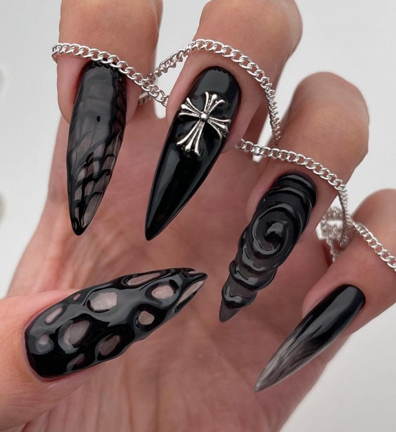 34 Grunge Nails That are Perfect For Fall — Sheer Black Textured Stiletto Nails