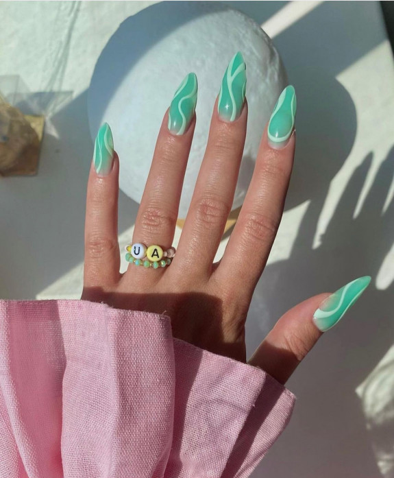 35 Fresh Autumn Nail Art Ideas To Try Now — White Swirl Mint Green Sheer Nails